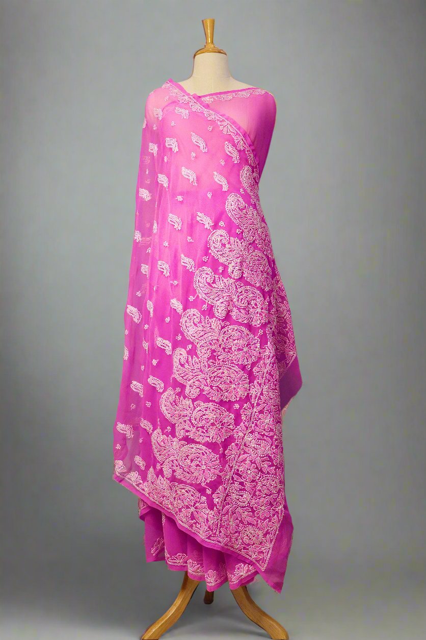 Alnoora Hand Embroidered Pink Georgette Lucknowi Chikankari Saree