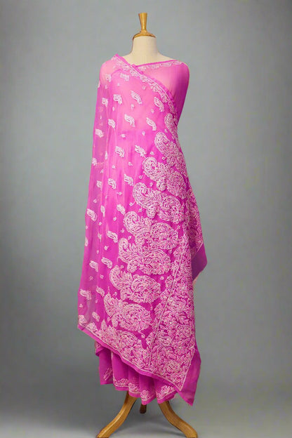 Alnoora Hand Embroidered Pink Georgette Lucknowi Chikankari Saree