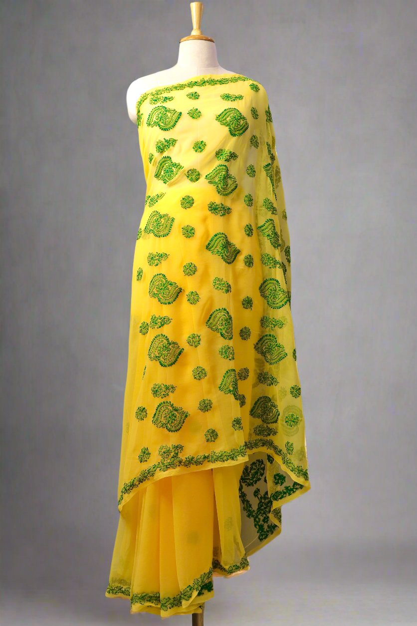 Alnoora Hand Embroidered Haldi Yellow Georgette Lucknowi Chikankari Saree