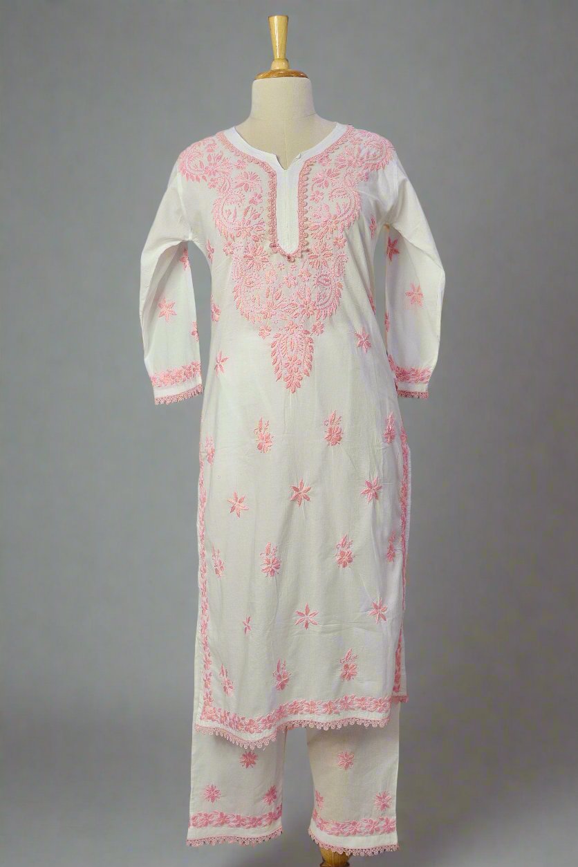 Alnoora Hand Embroidered Mulmul-Cotton Lucknowi Chikankari Straight Kurta Set