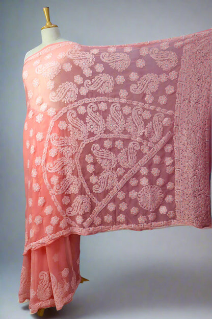 Alnoora Hand Embroidered Georgette Lucknowi Chikankari Saree