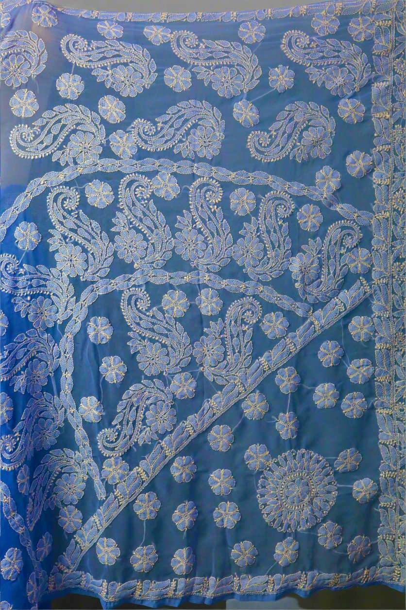 Alnoora Hand Embroidered Sky Blue Georgette lLucknowi Chikankari Saree