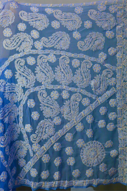 Alnoora Hand Embroidered Sky Blue Georgette lLucknowi Chikankari Saree