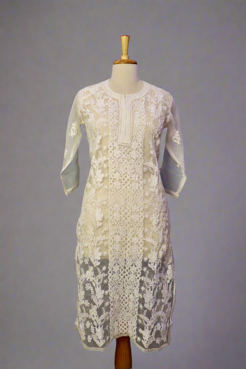 Alnoora Hand Embroidered Organza Lucknowi Chikankari Straight Kurti