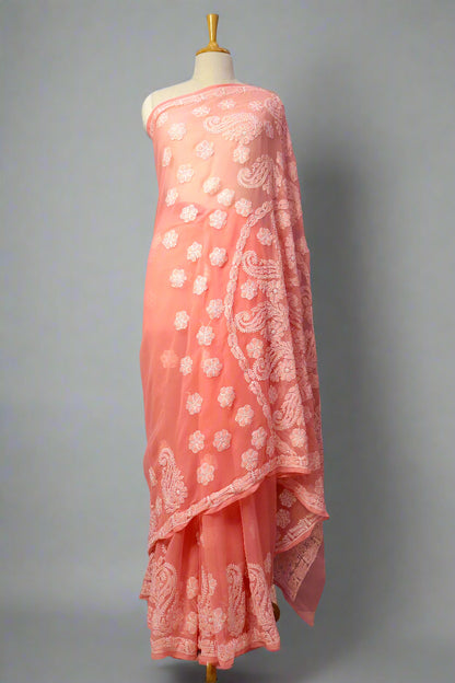 Alnoora Hand Embroidered Georgette Lucknowi Chikankari Saree