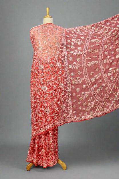 Alnoora Hand Embroidered Peach Georgette Gotta Patti Lucknowi Chikankari Saree