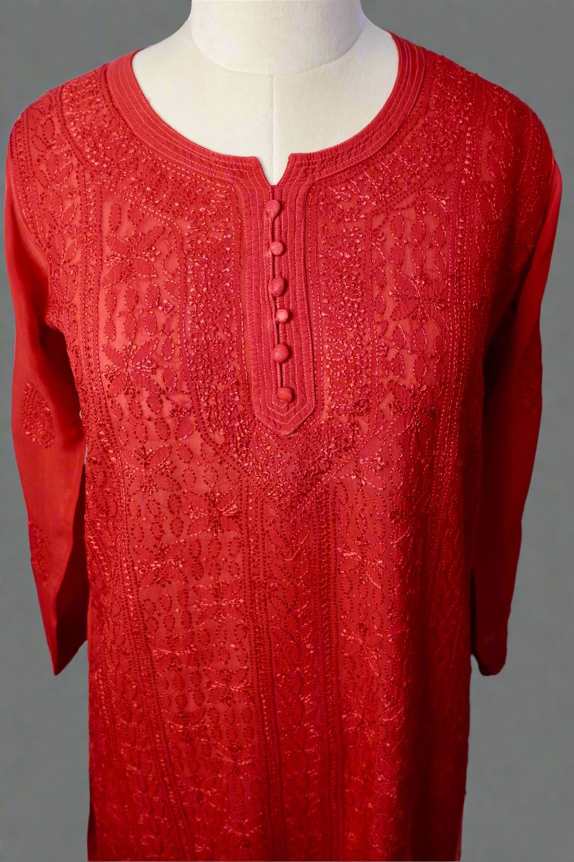 Alnoora Hand Embroidered Viscous Georgette Lucknowi Chikankari Straight Kurti