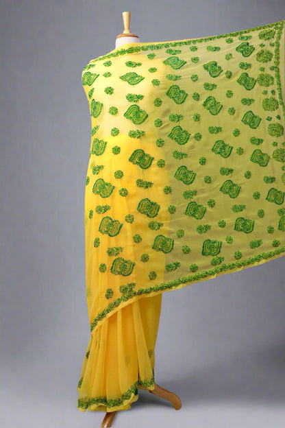 Alnoora Hand Embroidered Haldi Yellow Georgette Lucknowi Chikankari Saree