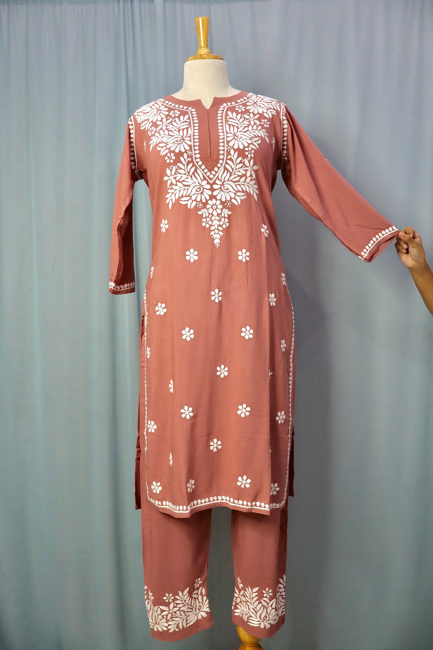 Alnoora Hand Embroidered Rayon Lucknowi Chikankari Straight Kurta Set