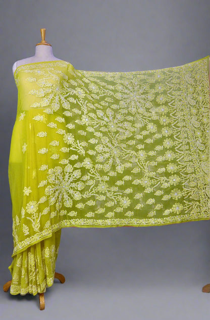 Alnoora Hand Embroidered Green Georgette Mukaish Work Lucknowi Chikankari Saree