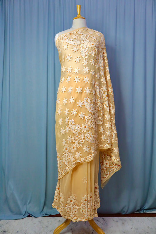 Alnoora Hand Embroidered Butter Yellow Georgette Lucknowi Chikankari Saree