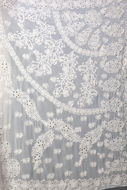 Alnoora Hand Embroidered Mukaish Work White Viscous Georgette Lucknowi Chikankari Saree .