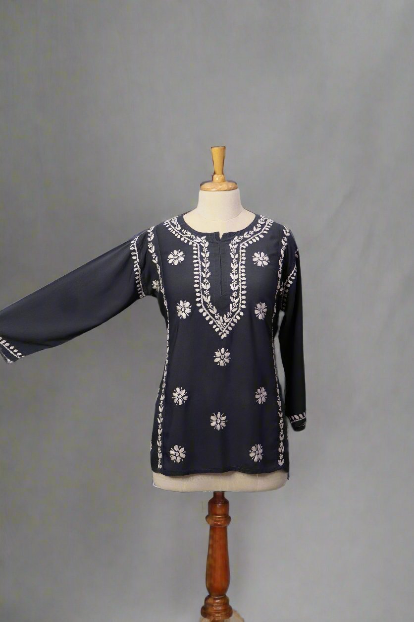 Alnoora Hand Embroidered Rayon Lucknowi Chikankari Short Kurti