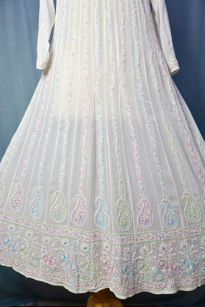 Alnoora Hand Embroidered White Viscous Georgette Lucknowi Chikankari Anarkali