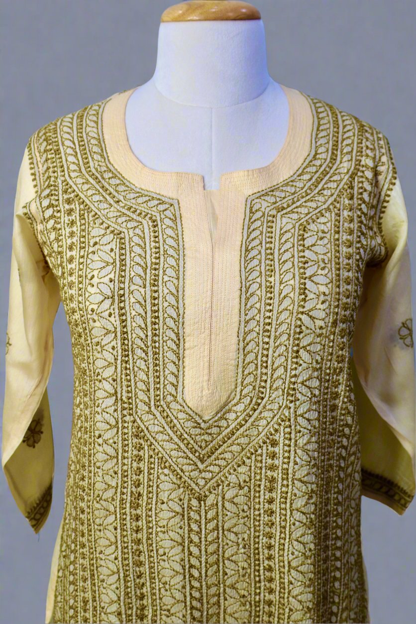 Alnoora Hand Embroidered Silk Lucknowi Chikankari  Straight Kurti