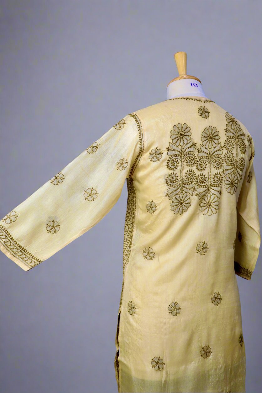 Alnoora Hand Embroidered Silk Lucknowi Chikankari  Straight Kurti