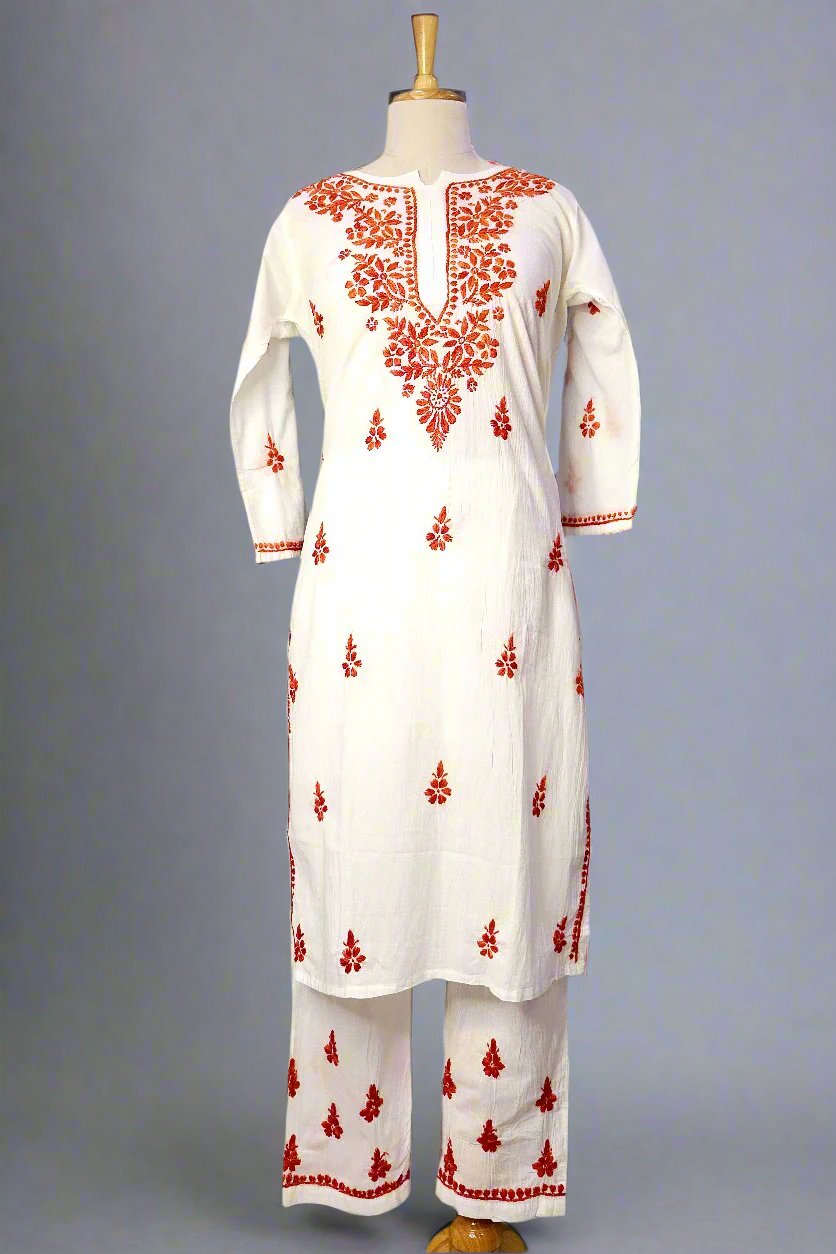 Alnoora Hand Embroidered Mulmul-Cotton Lucknowi Chikankari Straight Kurta Set