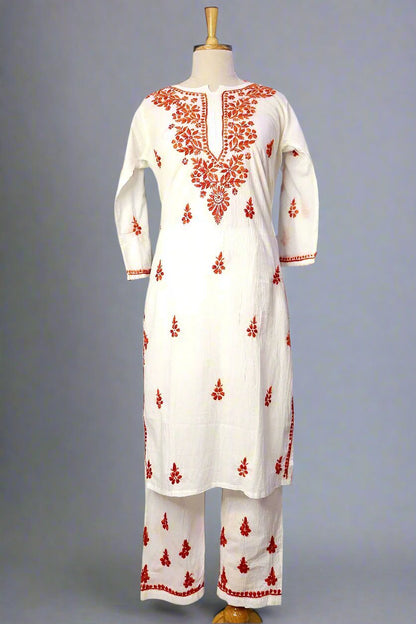 Alnoora Hand Embroidered Mulmul-Cotton Lucknowi Chikankari Straight Kurta Set