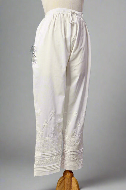 Alnoora Hand Embroidered Cotton Lucknowi Chikankari Plazzo Pants