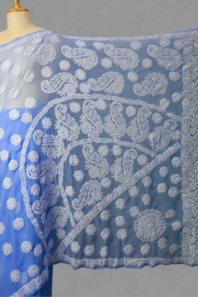 Alnoora Hand Embroidered Sky Blue Georgette lLucknowi Chikankari Saree