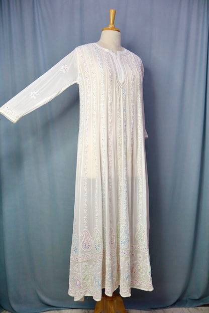 Alnoora Hand Embroidered White Viscous Georgette Lucknowi Chikankari Anarkali