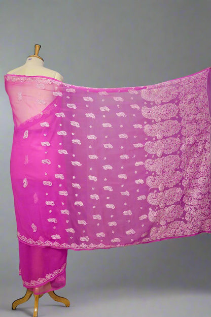 Alnoora Hand Embroidered Pink Georgette Lucknowi Chikankari Saree