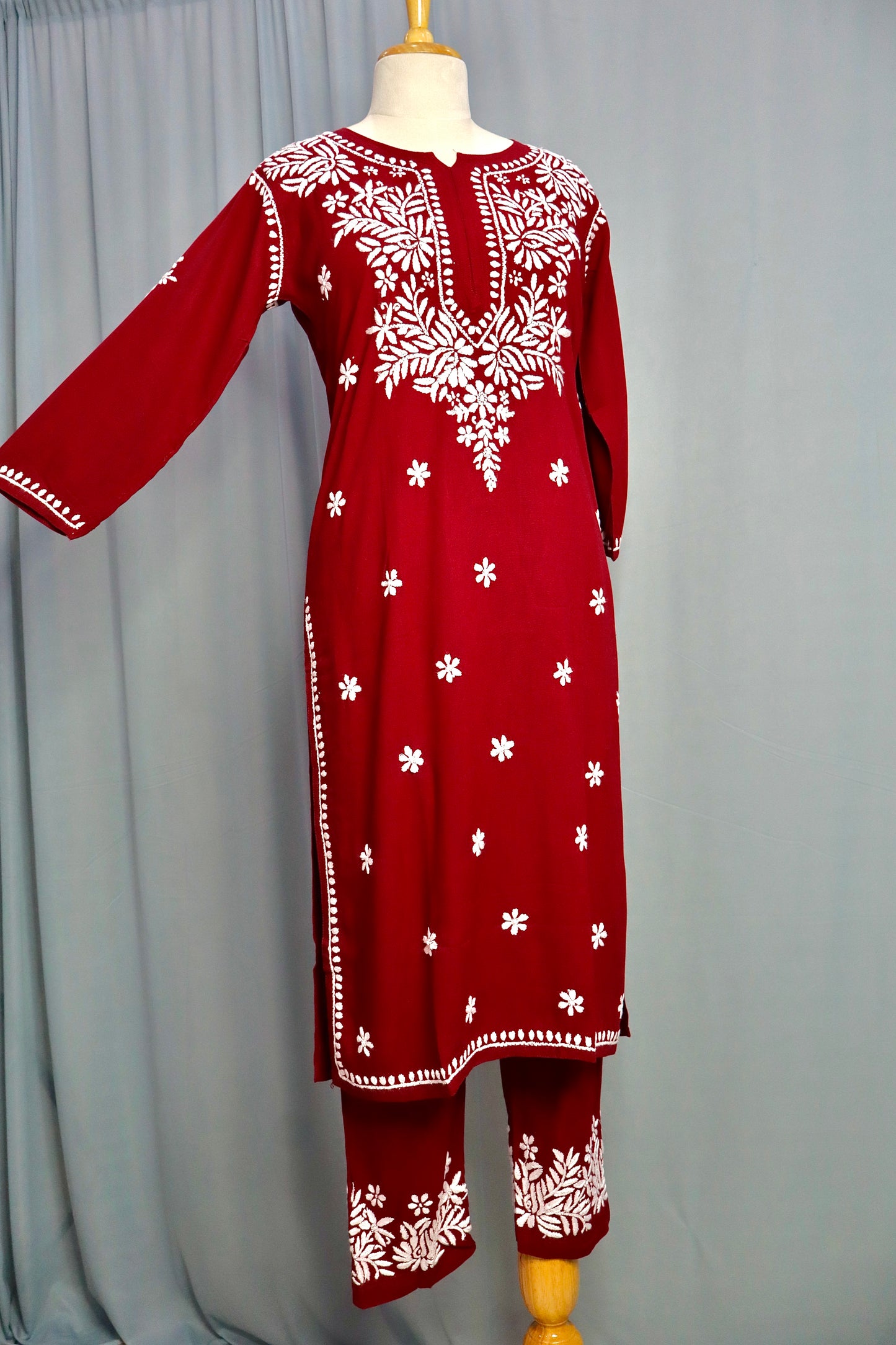 Alnoora Hand Embroidered Rayon Lucknowi Chikankari Straight Kurta Set