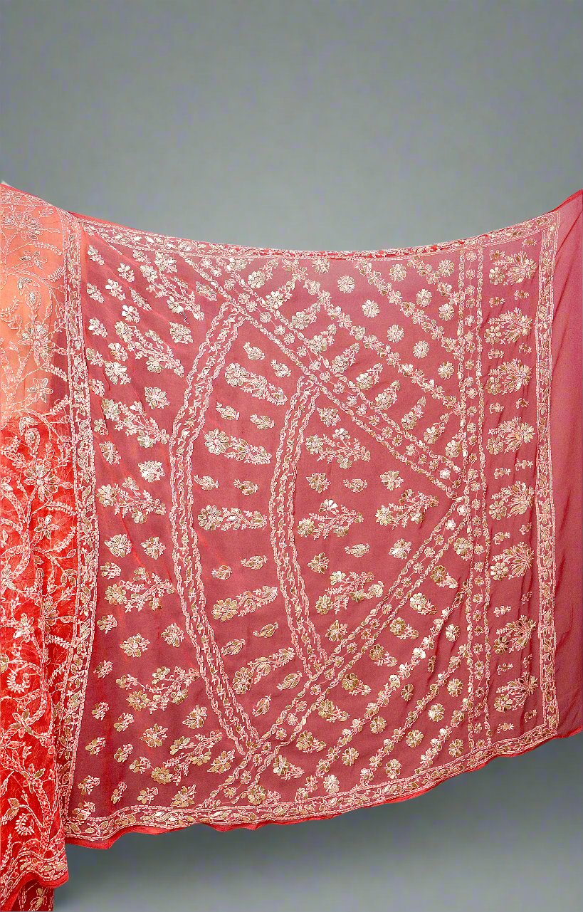 Alnoora Hand Embroidered Peach Georgette Gotta Patti Lucknowi Chikankari Saree