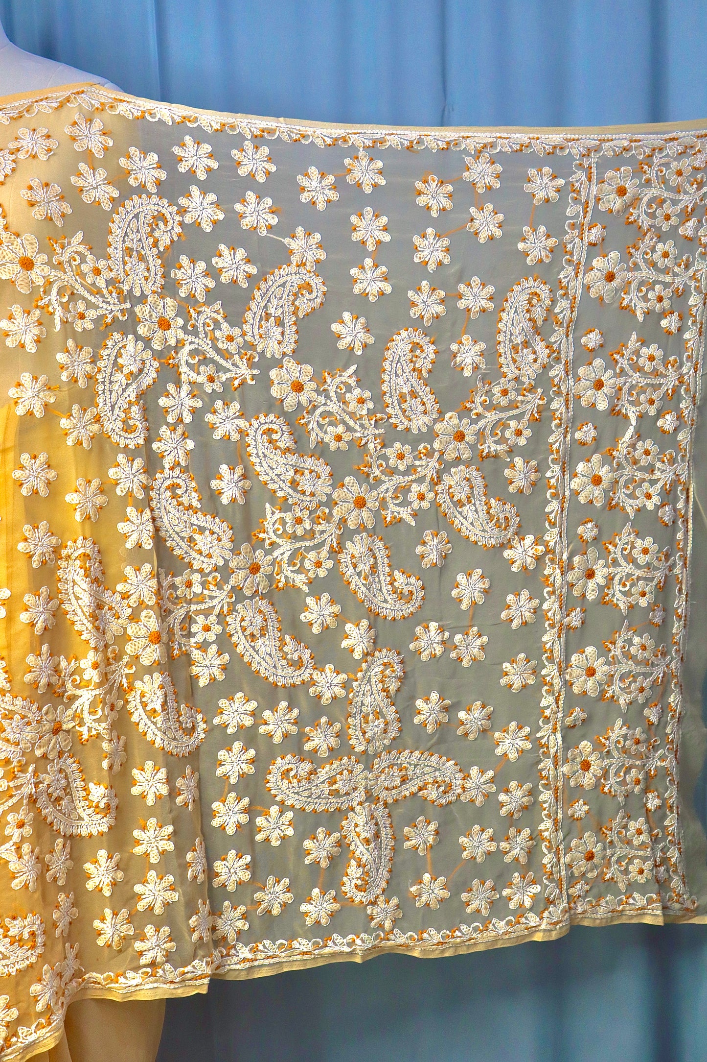 Alnoora Hand Embroidered Butter Yellow Georgette Lucknowi Chikankari Saree