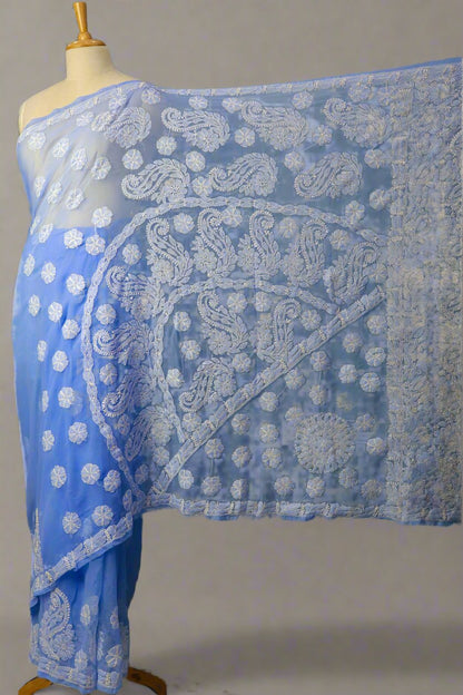 Alnoora Hand Embroidered Sky Blue Georgette lLucknowi Chikankari Saree