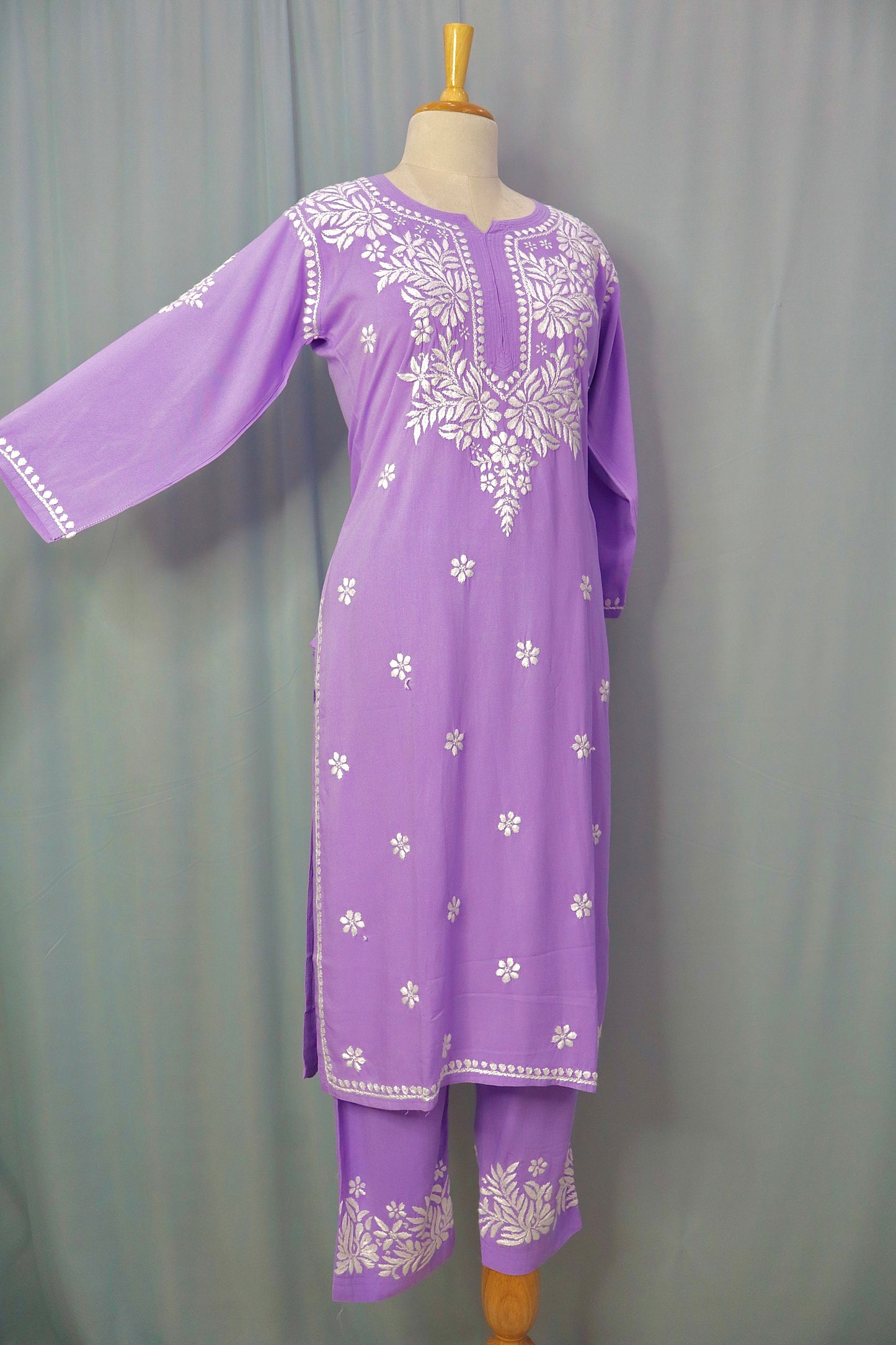 Alnoora Hand Embroidered Rayon Lucknowi Chikankari Straight Kurta Set