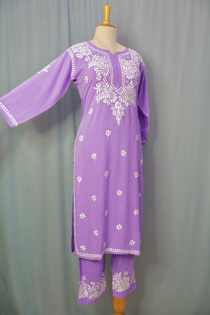 Alnoora Hand Embroidered Rayon Lucknowi Chikankari Straight Kurta Set