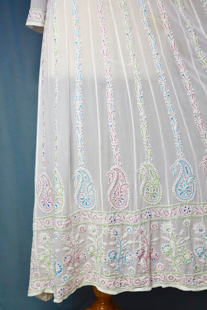 Alnoora Hand Embroidered White Viscous Georgette Lucknowi Chikankari Anarkali