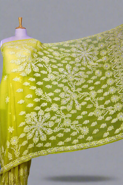 Alnoora Hand Embroidered Green Georgette Mukaish Work Lucknowi Chikankari Saree