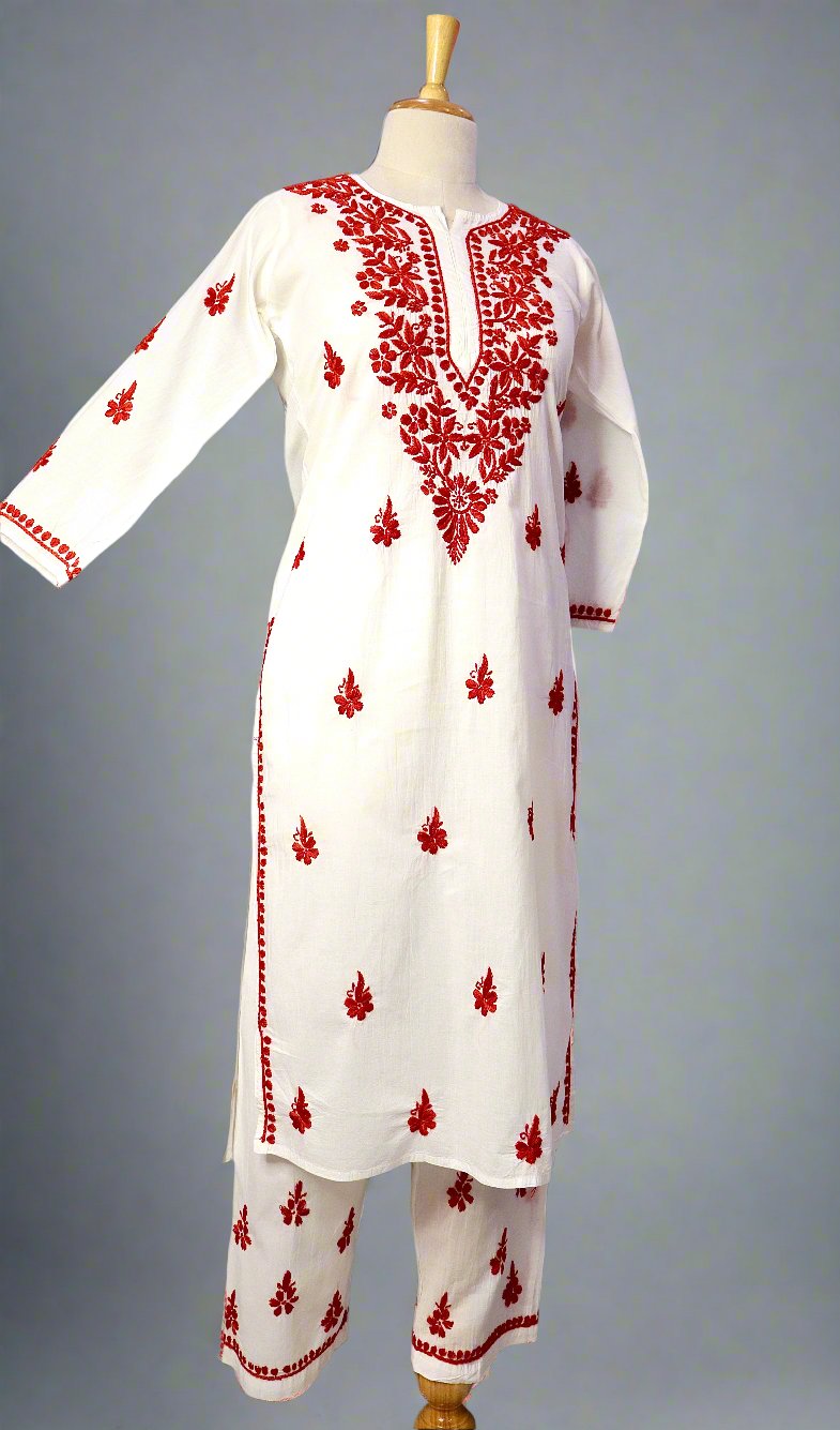 Alnoora Hand Embroidered Mulmul-Cotton Lucknowi Chikankari Straight Kurta Set