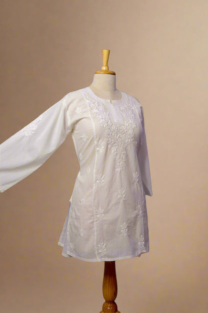 Alnoora Hand Embroidered Cotton White Lucknowi Chikankari Short Kurti