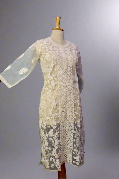 Alnoora Hand Embroidered Organza Lucknowi Chikankari Straight Kurti