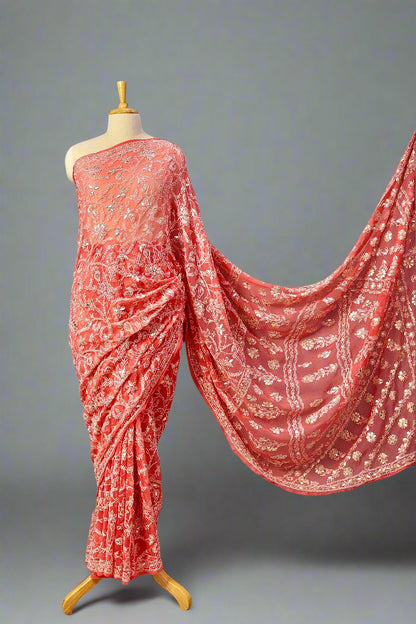 Alnoora Hand Embroidered Peach Georgette Gotta Patti Lucknowi Chikankari Saree