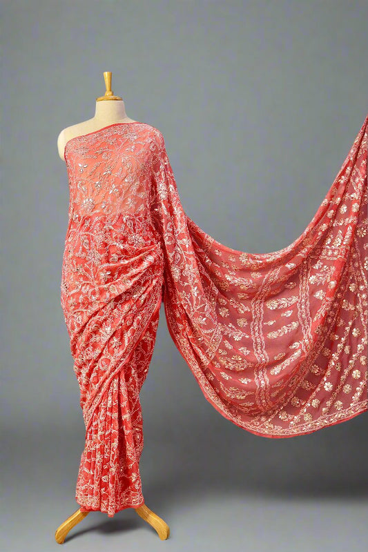 Alnoora Hand Embroidered Peach Georgette Gotta Patti Lucknowi Chikankari Saree