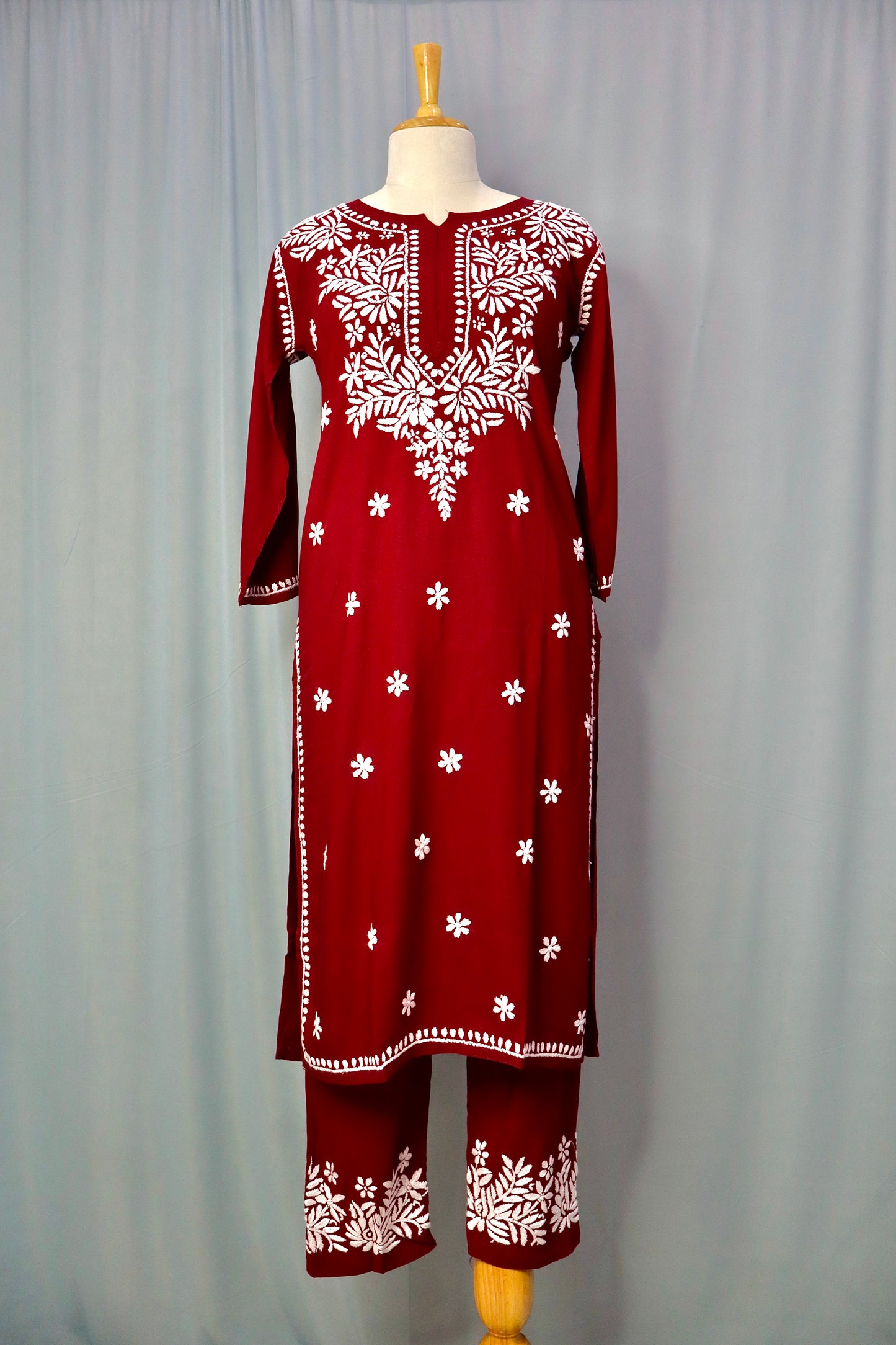 Alnoora Hand Embroidered Rayon Lucknowi Chikankari Straight Kurta Set