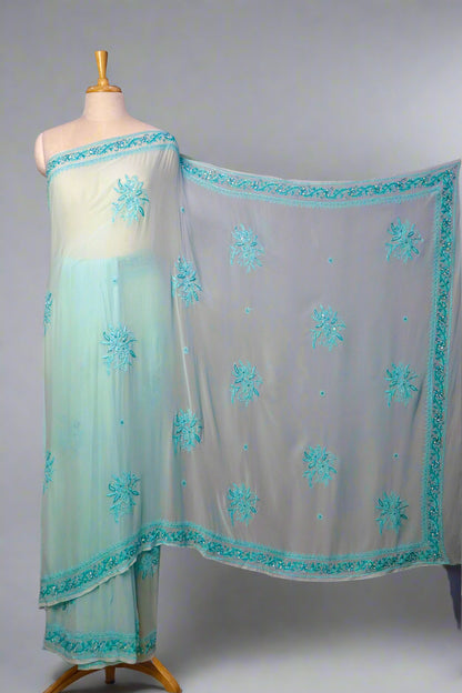 Alnoora Hand Embroidered Viscous Georgette Blue Lucknowi Chikankari Saree