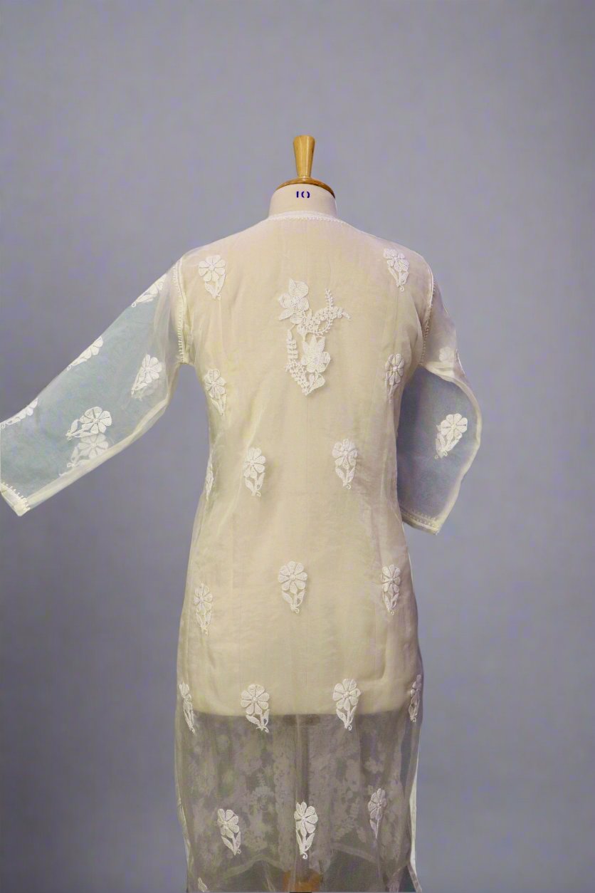 Alnoora Hand Embroidered Organza Lucknowi Chikankari Straight Kurti