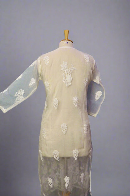 Alnoora Hand Embroidered Organza Lucknowi Chikankari Straight Kurti