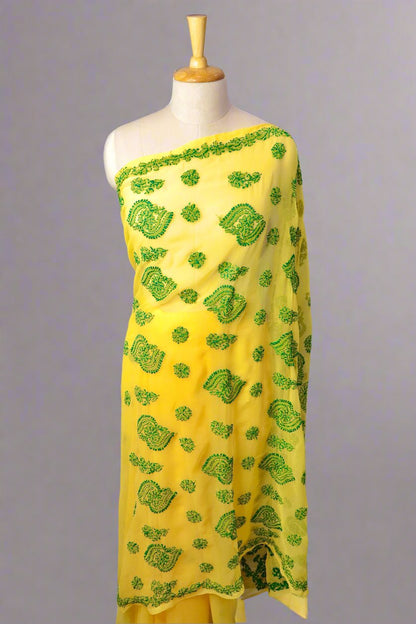 Alnoora Hand Embroidered Haldi Yellow Georgette Lucknowi Chikankari Saree