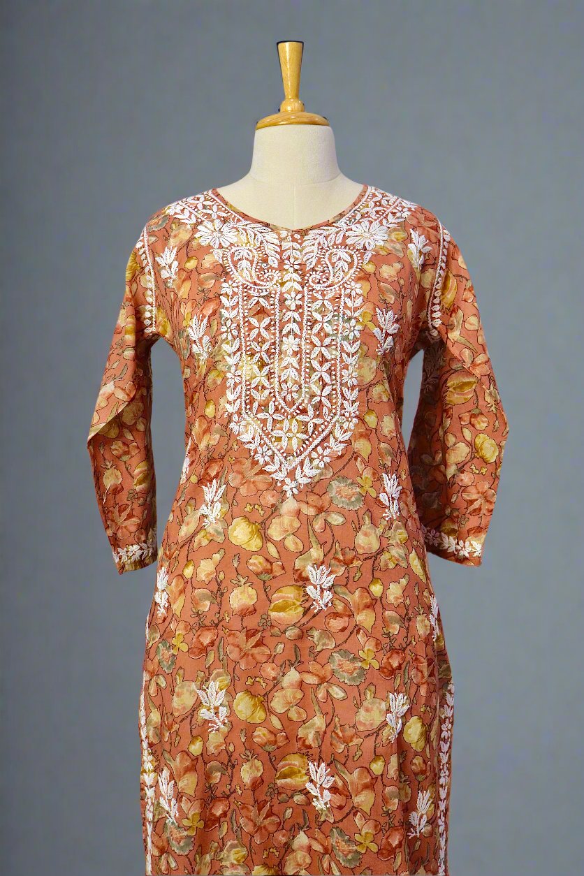 Alnoora Hand Embroidered Mulmul Cotton Printed Lucknowi Chikankari Straight Kurta Set