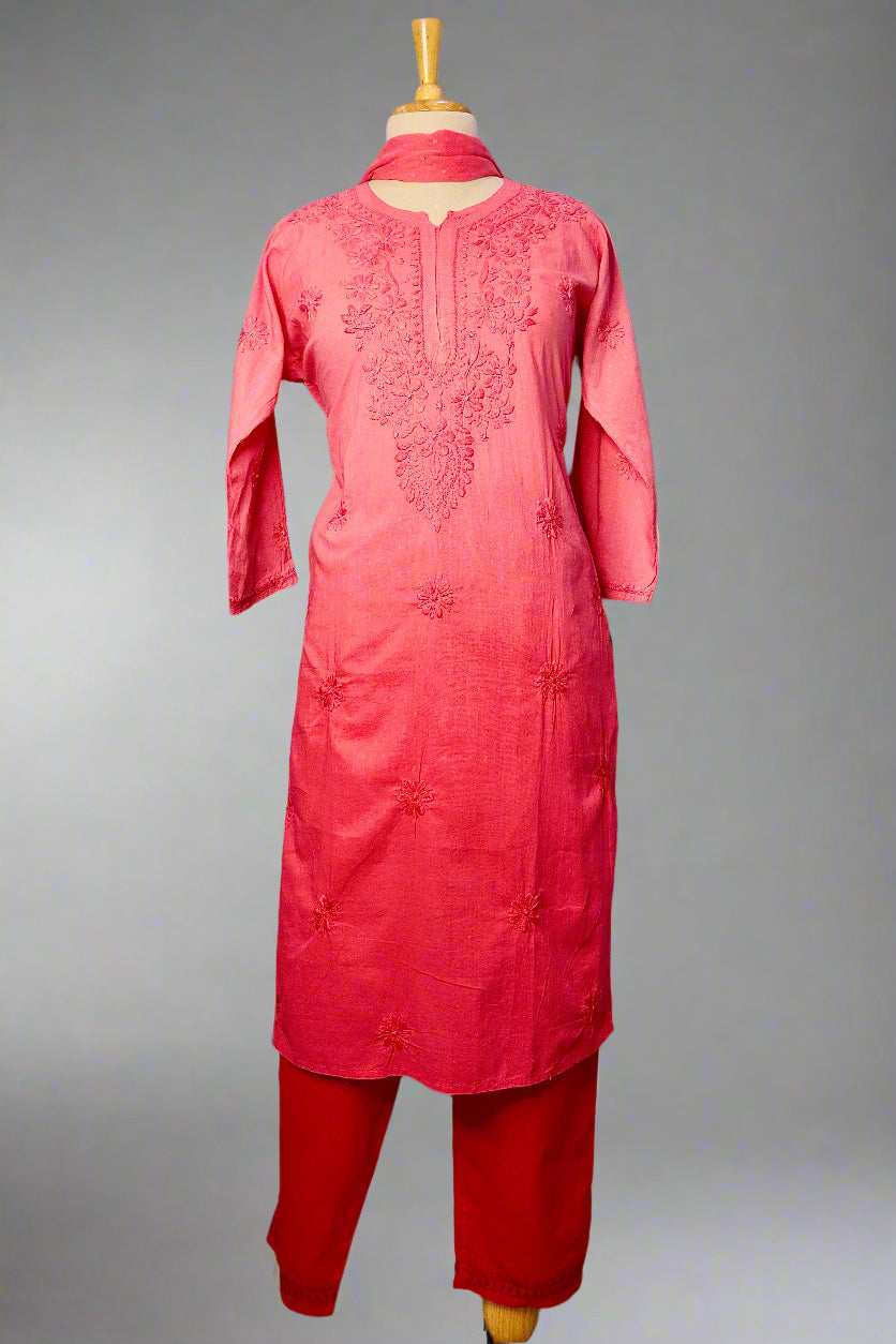 Alnoora Hand Embroidered Mul-Cotton Lucknowi Chikankari Suit Set