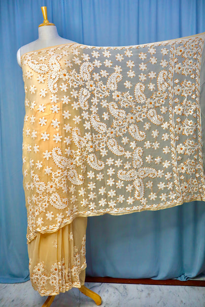 Alnoora Hand Embroidered Butter Yellow Georgette Lucknowi Chikankari Saree