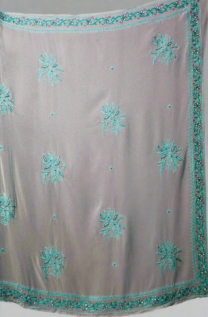 Alnoora Hand Embroidered Viscous Georgette Blue Lucknowi Chikankari Saree