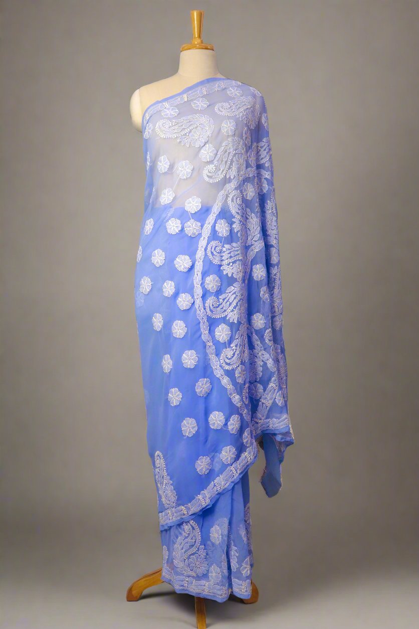 Alnoora Hand Embroidered Sky Blue Georgette lLucknowi Chikankari Saree