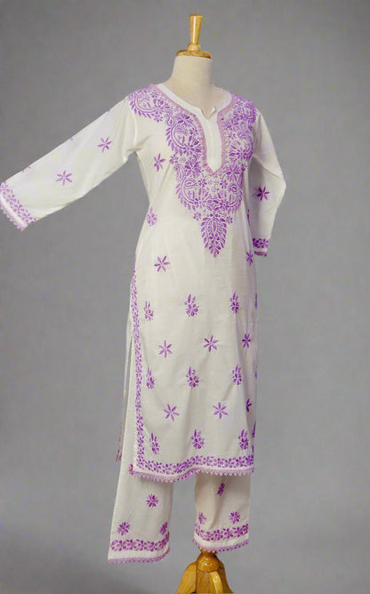 Alnoora Hand Embroidered Mulmul-Cotton Lucknowi Chikankari Straight Kurta Set